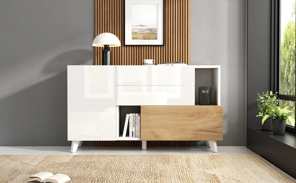Credenza Moderna Bianco Lucido e Legno Madia 130 cm con 2 Cassetti e Ante Stile Scandinavo