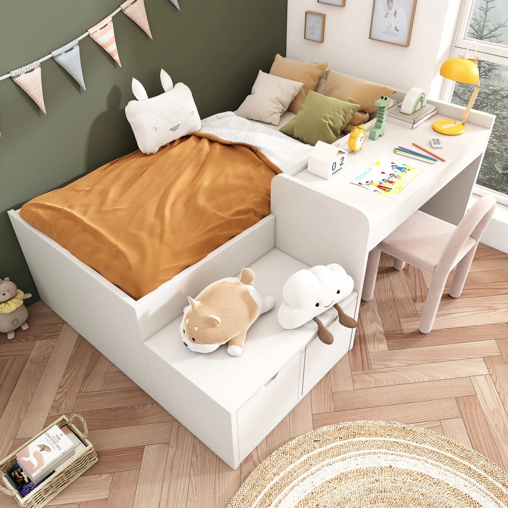 Letto Combinato 90 x 200 cm - Scrivania; 2 Cassetti e Sponda - in Legno e MDF - Bianco