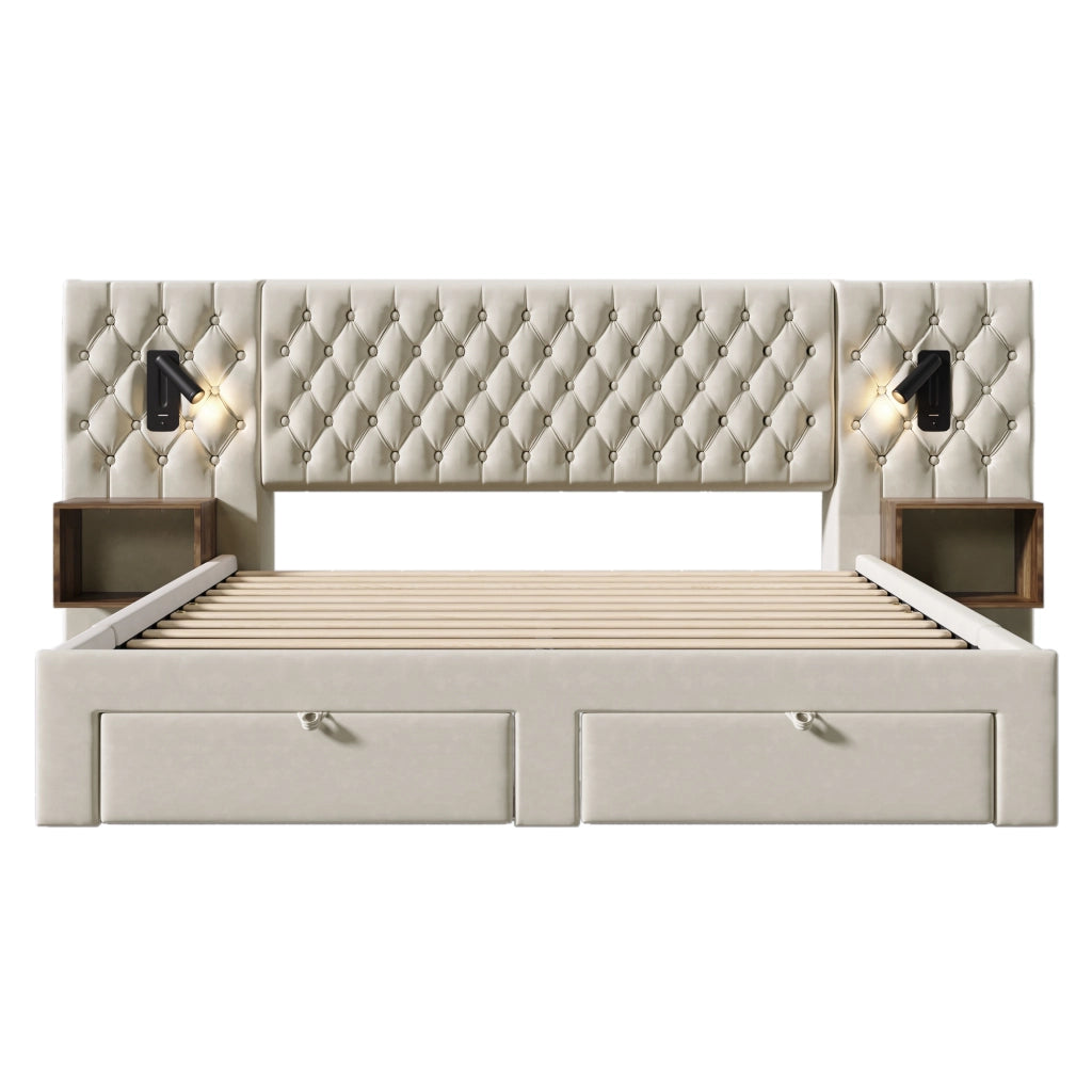 LETTO Matrimoniale 180x200 cm in velluto beige con 2 comodini, 4 cassetti e lampade da lettura