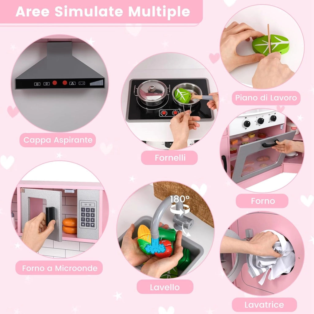 Set Gioco da Cucina per Bambini d'Angolo, Cucina Giocattolo in Legno con Macchina di Ghiaccio, Microonde, Lavatrice e Accessori, con Suoni e Luci, per Bambini 3-10 Anni (Rosa)