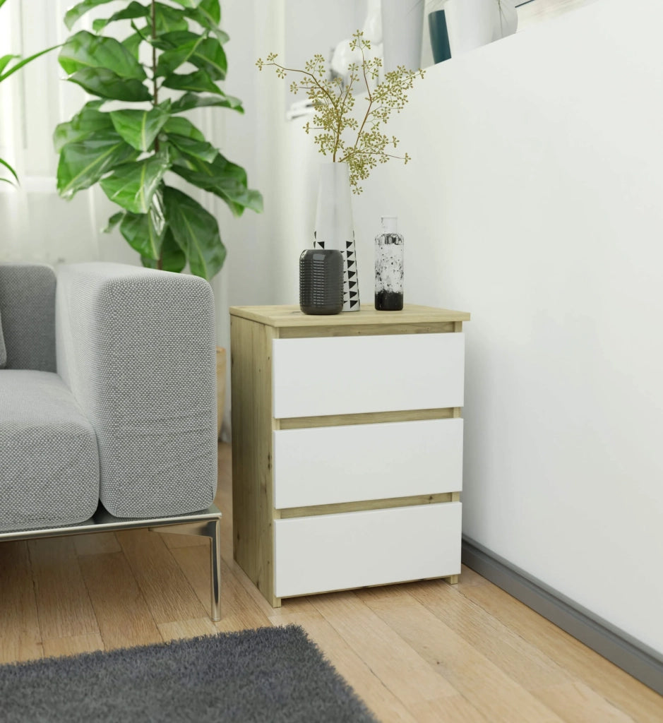 Comodino AKORD CL3 Quercia Artisan 40 cm 3 cassetti inserto frontale Bianco 40x35x57 cm