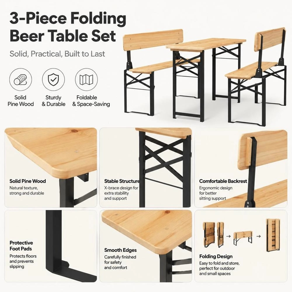 3-piece Folding Beer Table Set, Solid Fir Wood