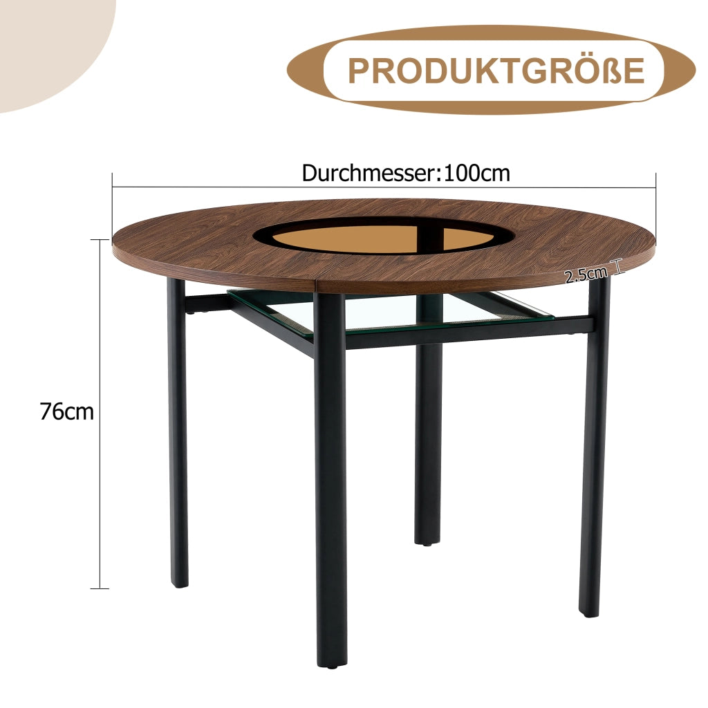 Tavolo da pranzo rotondo con piano in MDF e inserto in vetro, per 4-6 persone, per sala da pranzo, 100 cm