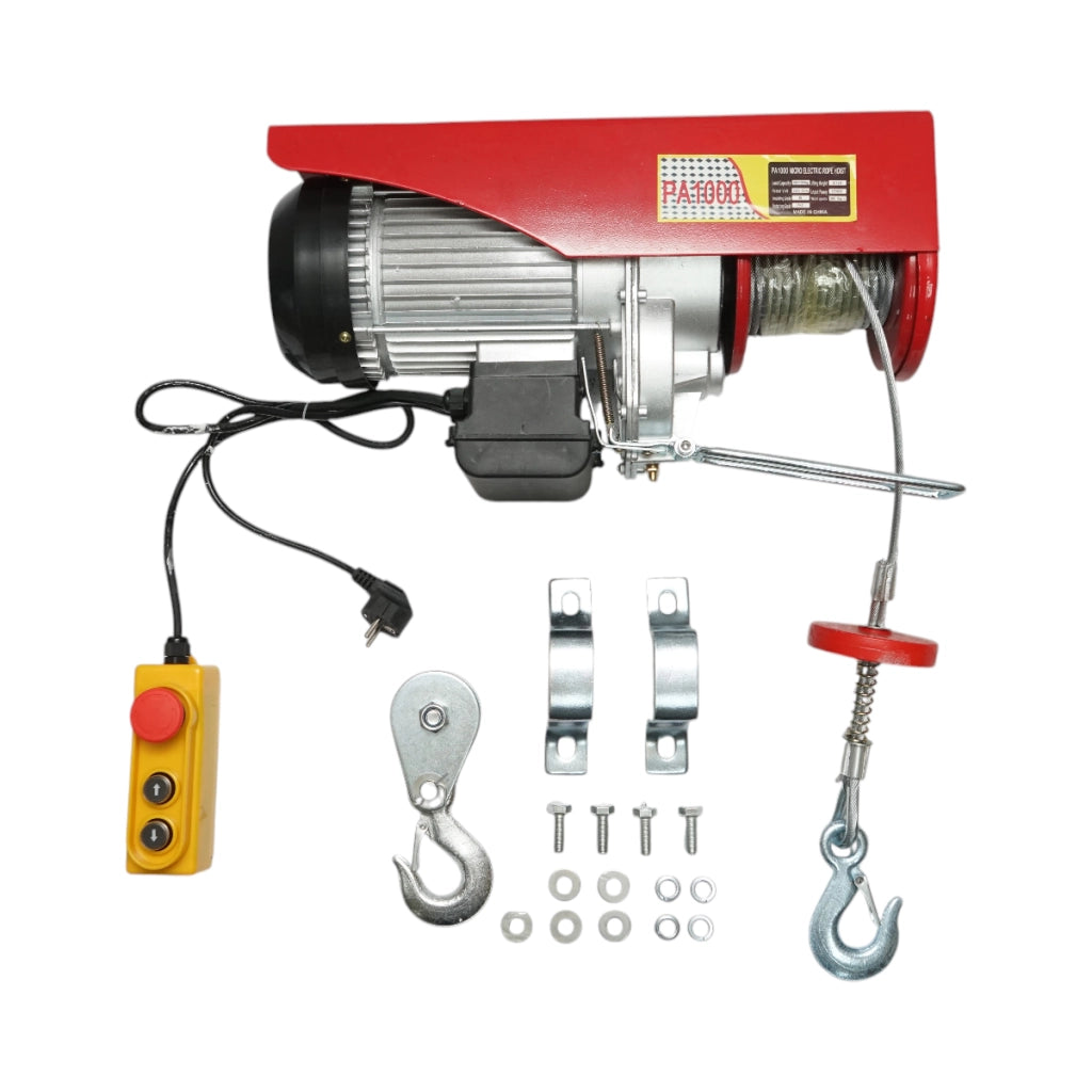 Paranco/gru elettrica 220V/50Hz 2200W, carico massimo 500/1000Kg, velocità di sollevamento 4-8m/min, altezza di sollevamento 6-12m IP40