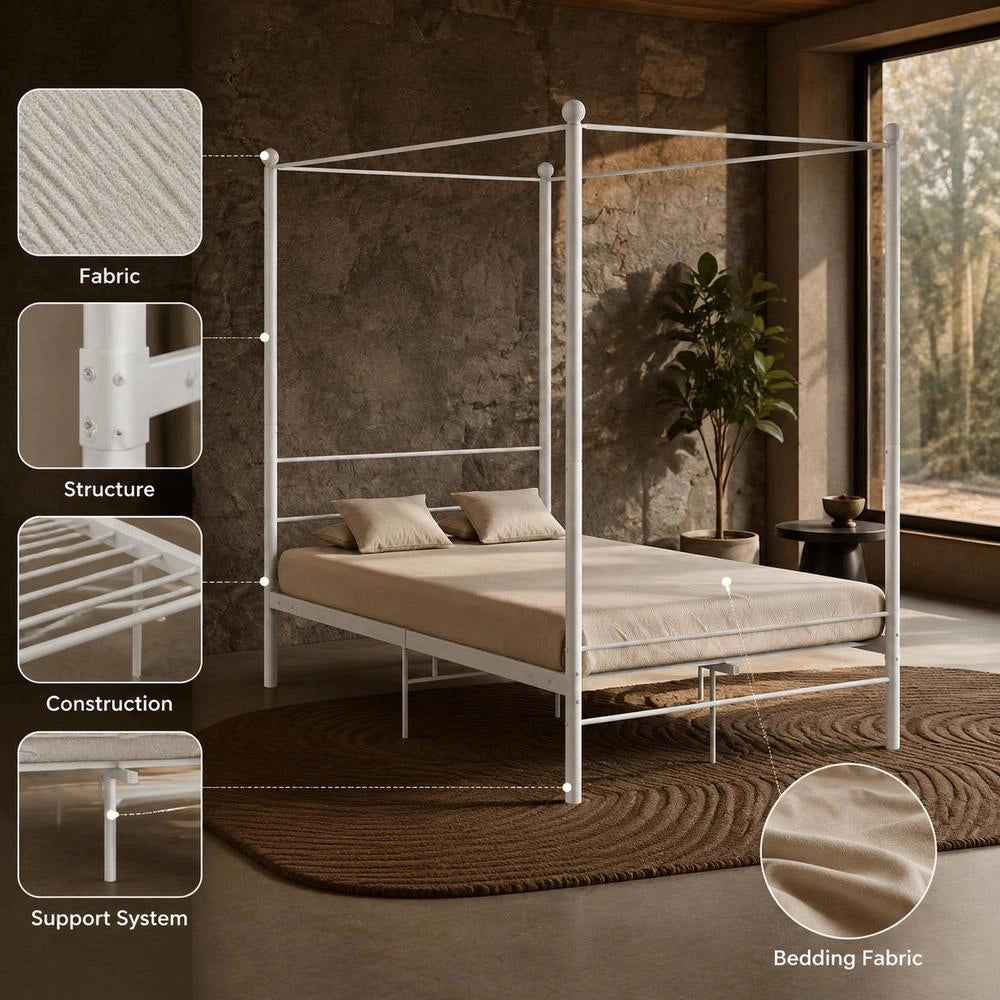 White Metal Four-poster Bed, 140x200 Cm
