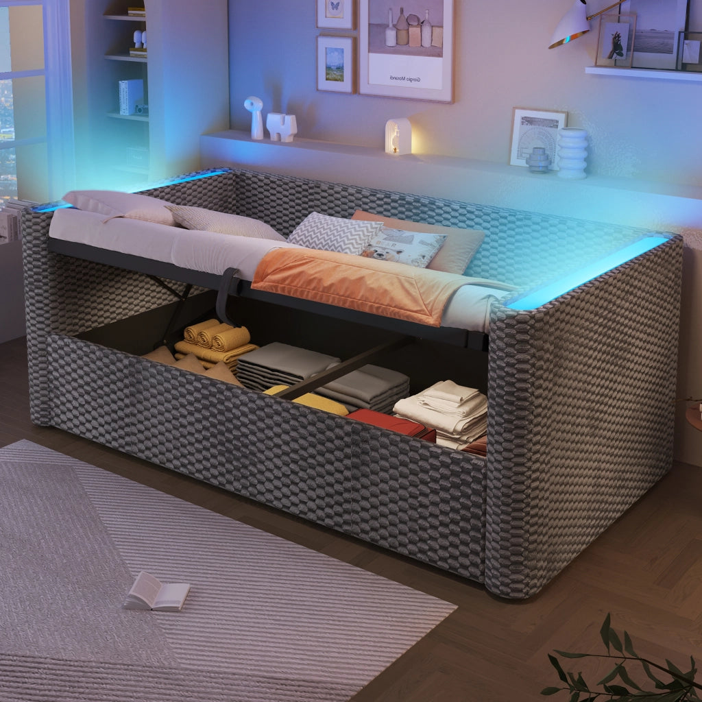 OKWISH Letto a Divano 90×200 cm, Letto Singolo con Contenitore Idraulico, LED Multicolore e Controllo tramite App, senza Materasso, in Velluto, Grigio