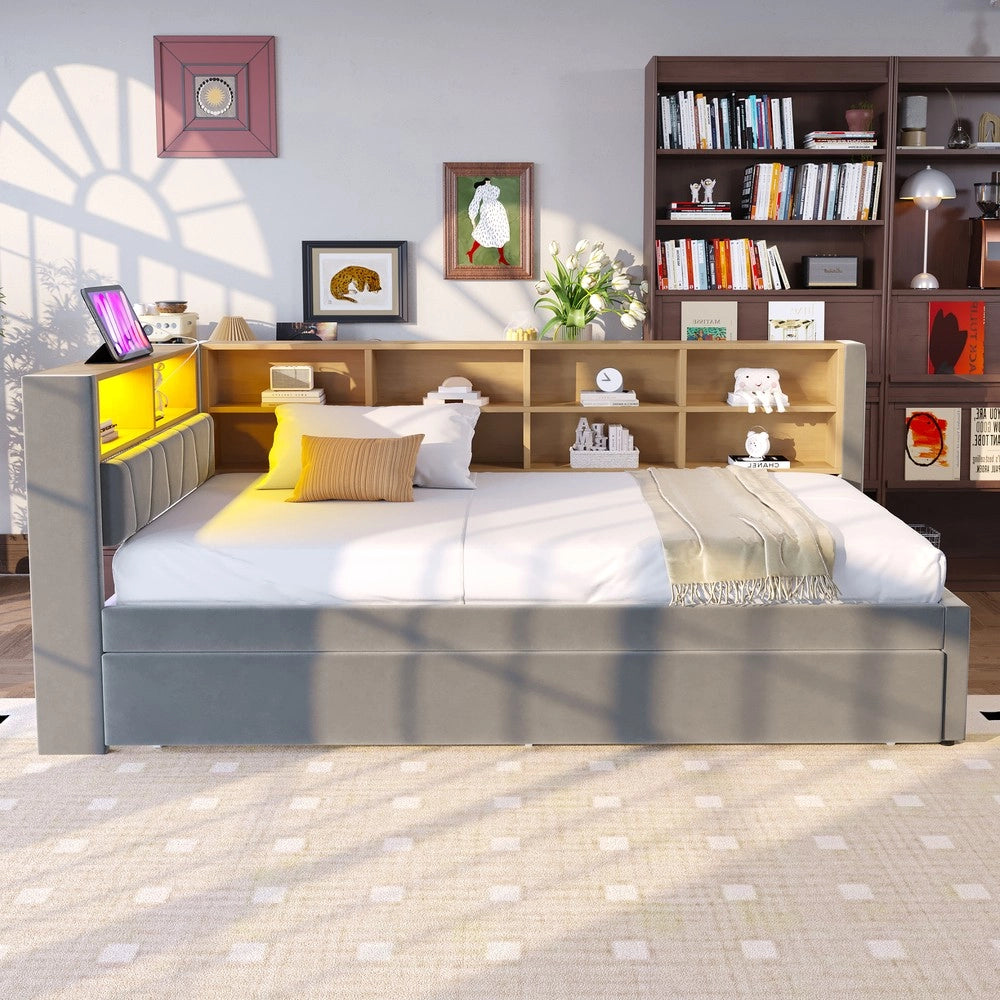 Letto Singolo Imbottito con LED e Prese ¨C MINIMAL ¨C Flanella, Grigio Scuro, 90x200