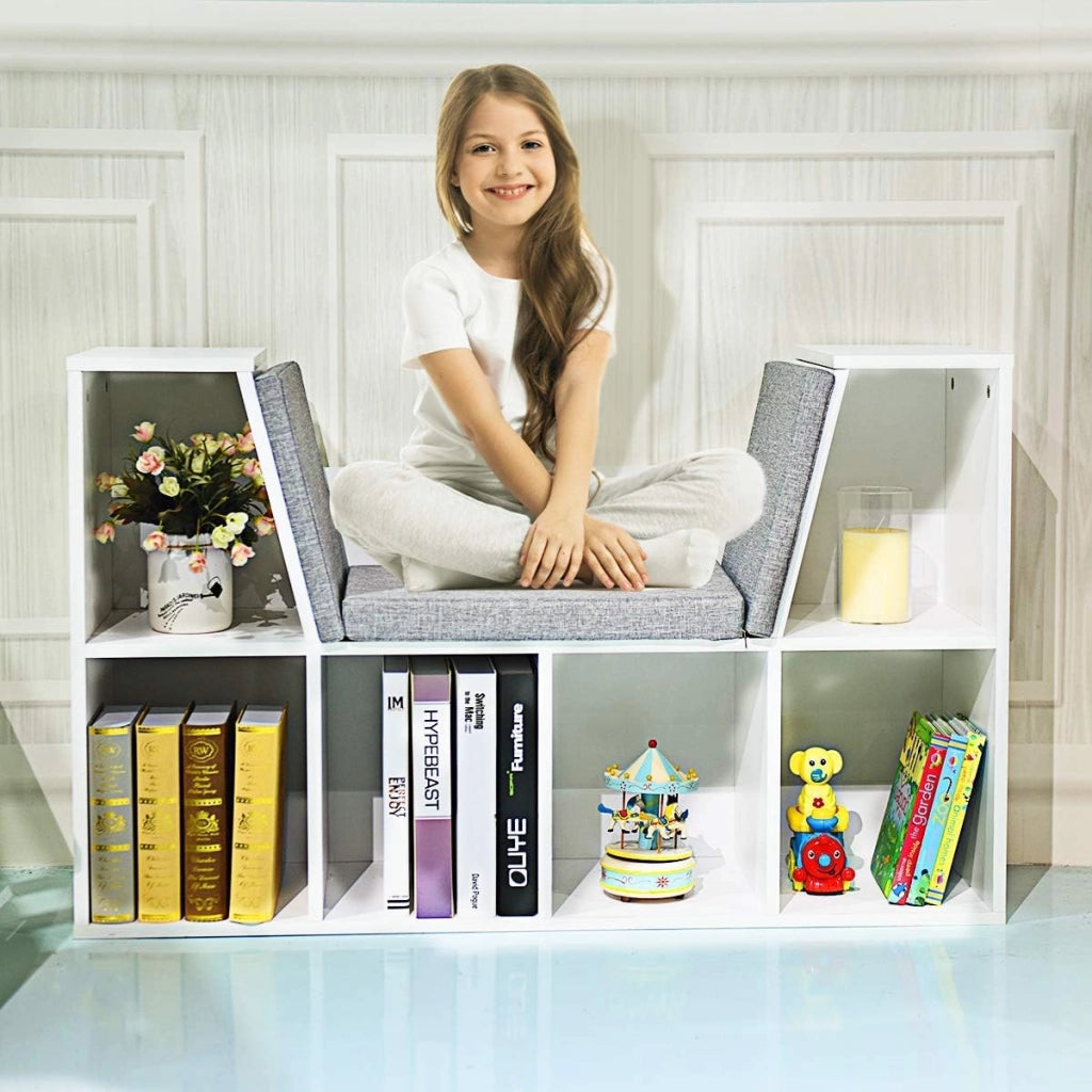 Scaffale per Libri, Libreria Panca in Legno con Cuscini per Bambini (BIanco)
