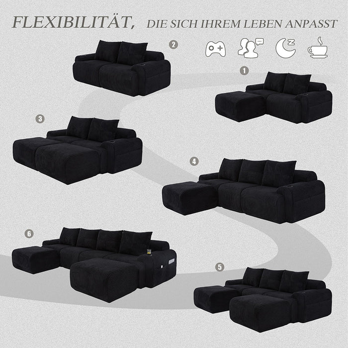 Canap¨¦ modulable 4 posti in velluto costato - Xylo - Con 2 sgabelli, porta-bibite e tasche laterali