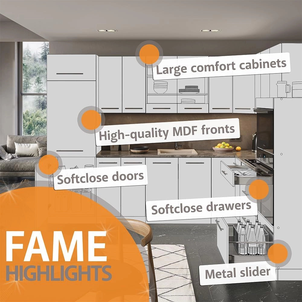 Cucina angolare completa Fame-Line, Bordeaux lucido/antracite, 347 x 60 cm, PT Antracite, per una progettazione flessibile della cucina e un'espansione modulare