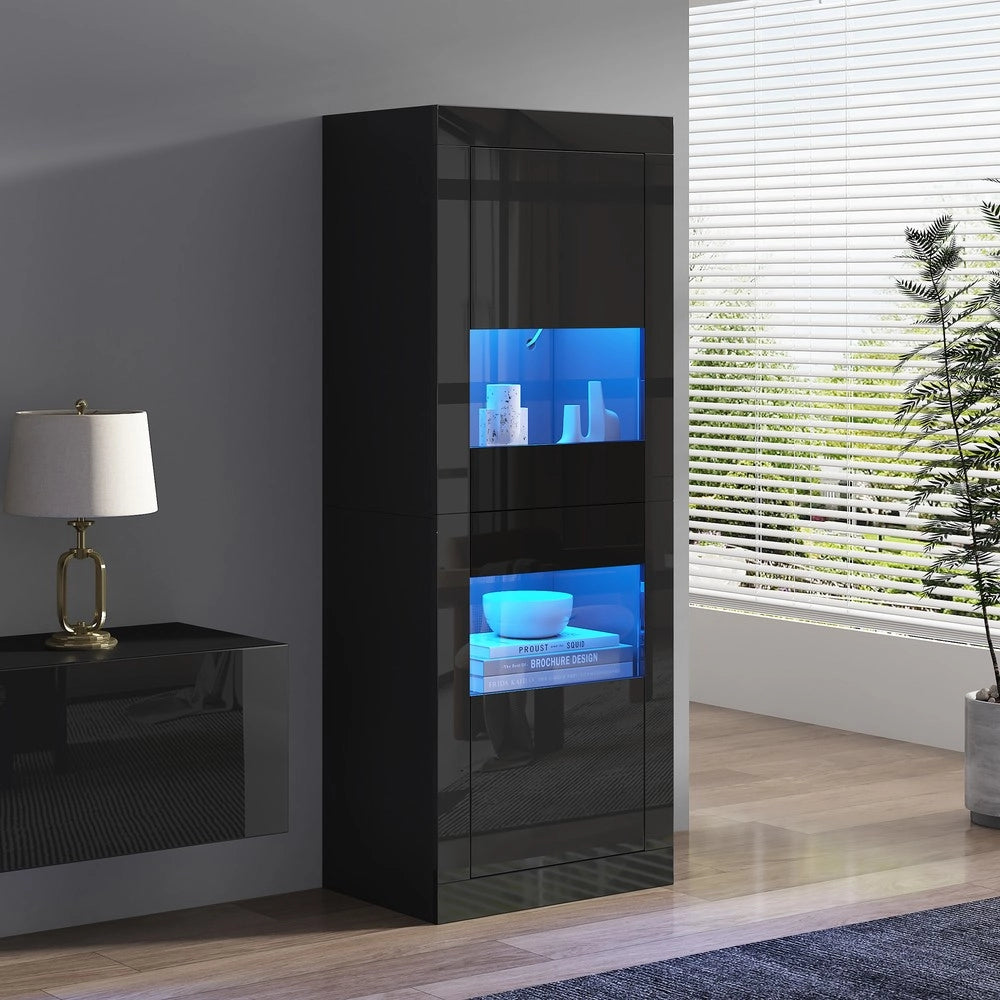 Vetrina con LED ¨C MINIMAL ¨C Nero Lucido, Ripiano in Vetro, 61x42x162 cm