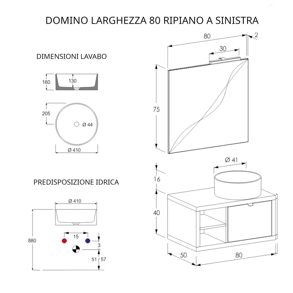 Mobile Bagno Sospeso 80 cm Lavabo e Specchio Bonussi Orione Grigio Effetto Cemento