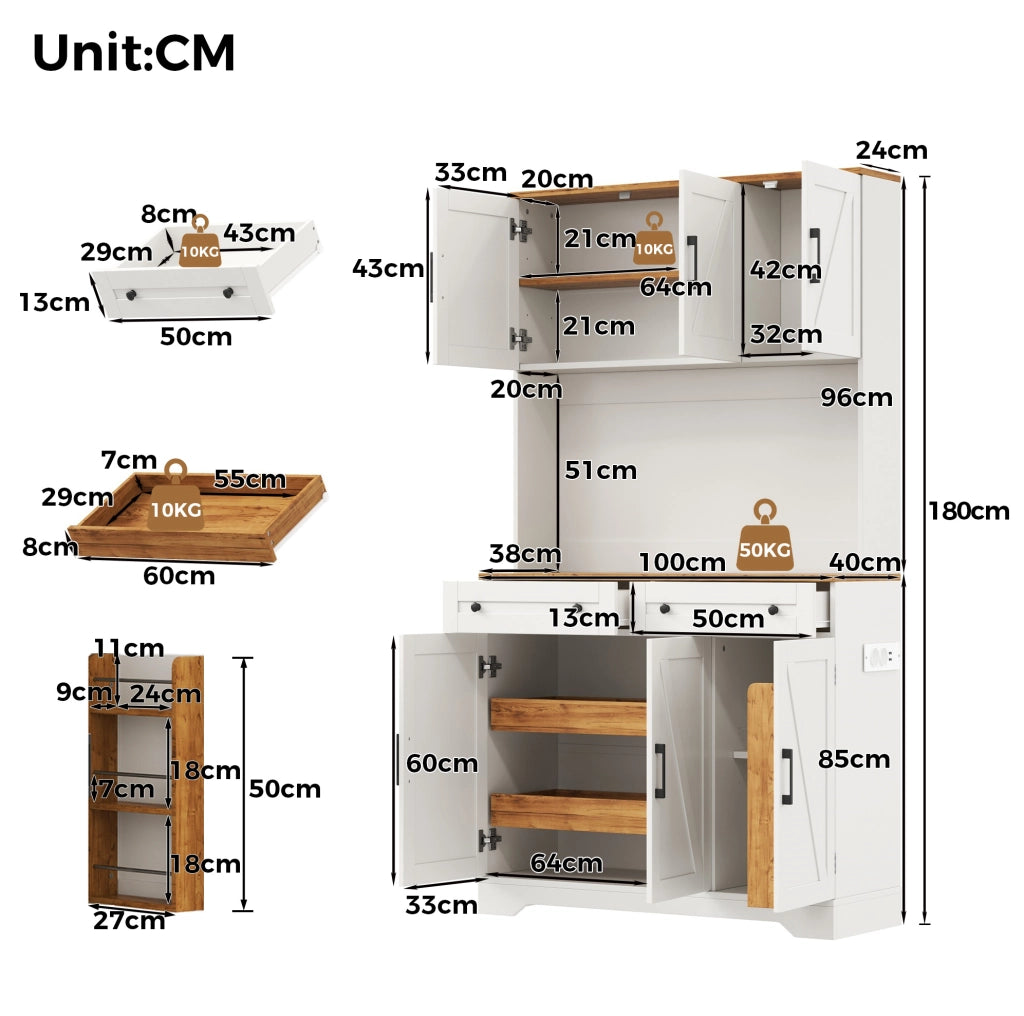 Credenza da cucina alta 100x40x180 cm in MDF; con LED RGB; prese e 2 cassetti; Natural/White
