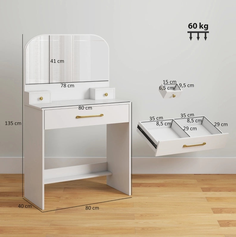 Tavolo da trucco compatto con specchio e 3 cassetti