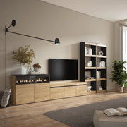 Mobile TV, Soggiorno, 370x35x186cm, Per TV fino a 65", Camino elettrico, colore Rovere e nero RF3184