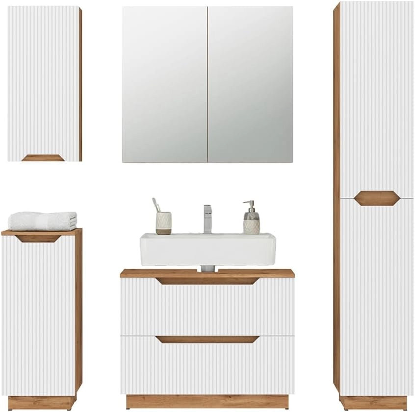 Set di mobili da bagno Lotta, Rovere/bianco a strisce, 5 parti