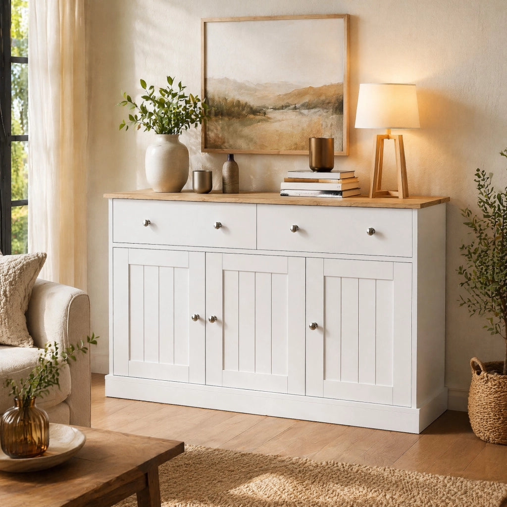 Credenza con 3 ante e 2 cassetti in pannello truciolare bianco e effetto legno 120 × 36 × 80,5 cm
