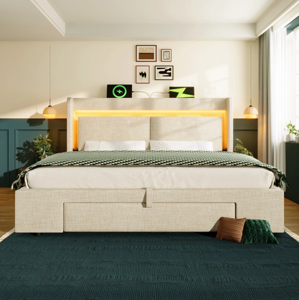 Letto imbottito 180x200 cm in lino beige con contenitore idraulico; LED; USB e USB-C