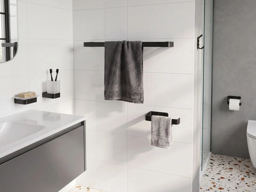 Set di 6 accessori da bagno in alluminio e vetro finitura opaca nera