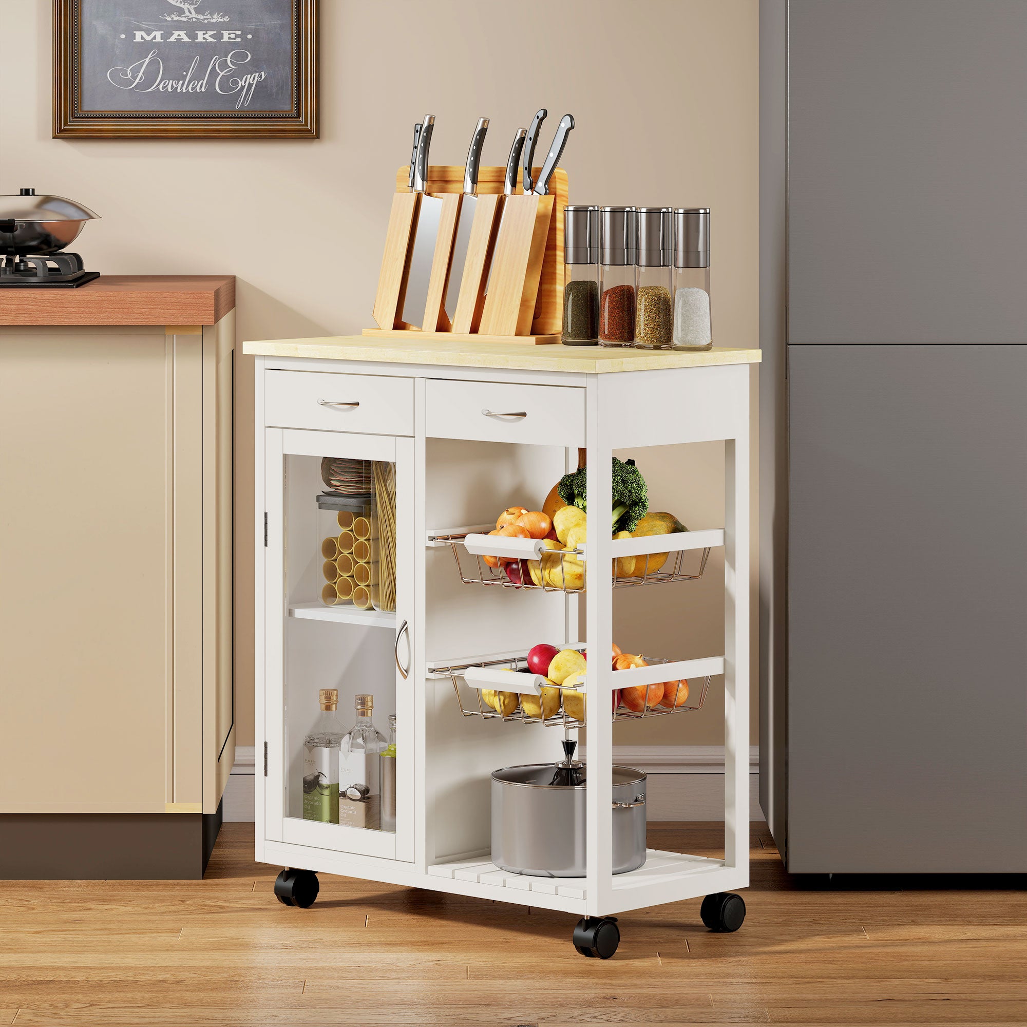 Carrello da Cucina 67x35x80 cm con 2 Cassetti Armadietto Ripiano e 2 Cestini in Acciaio e Bambù Bianco