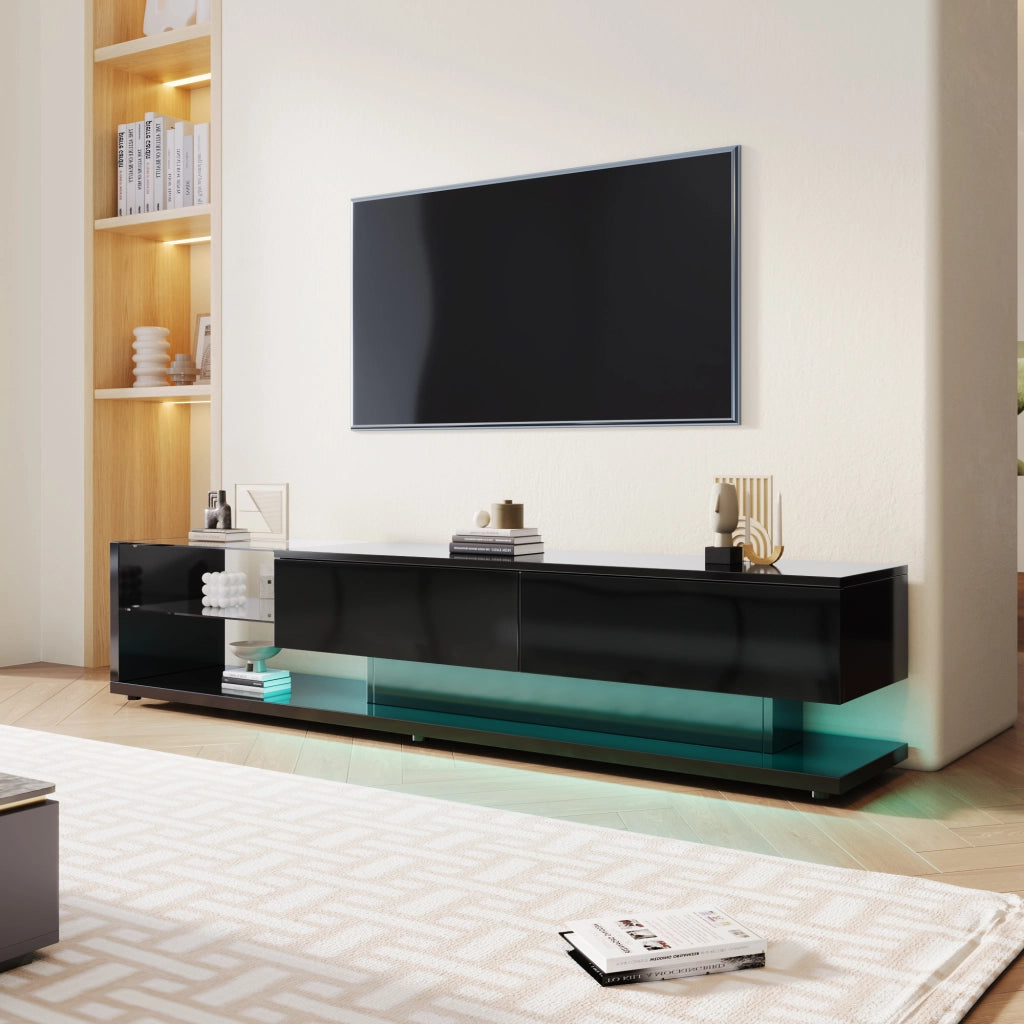 OKWISH Mobile TV con 2 Cassetti e 2 Ripiani in Vetro, LED Integrata, Finitura Lucida, per Soggiorno, 170 × 36 × 38 cm