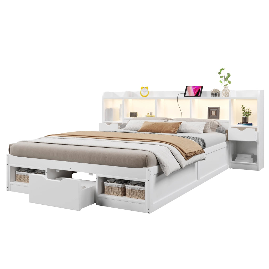 Struttura letto 140x200 con contenitore; LED a sette colori e USB; bianca