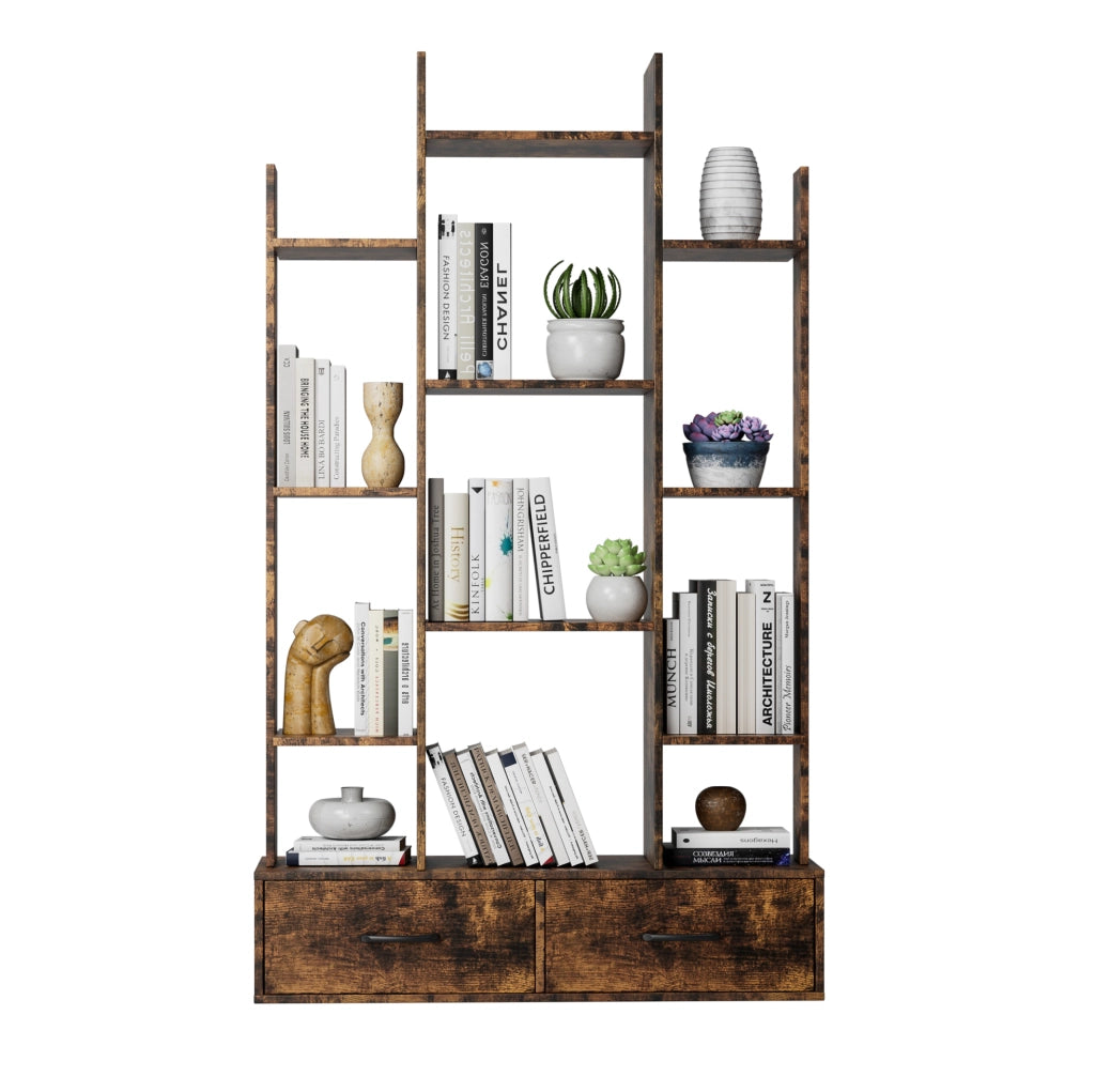 Libreria ad albero con 12 ripiani aperti e 2 cassetti