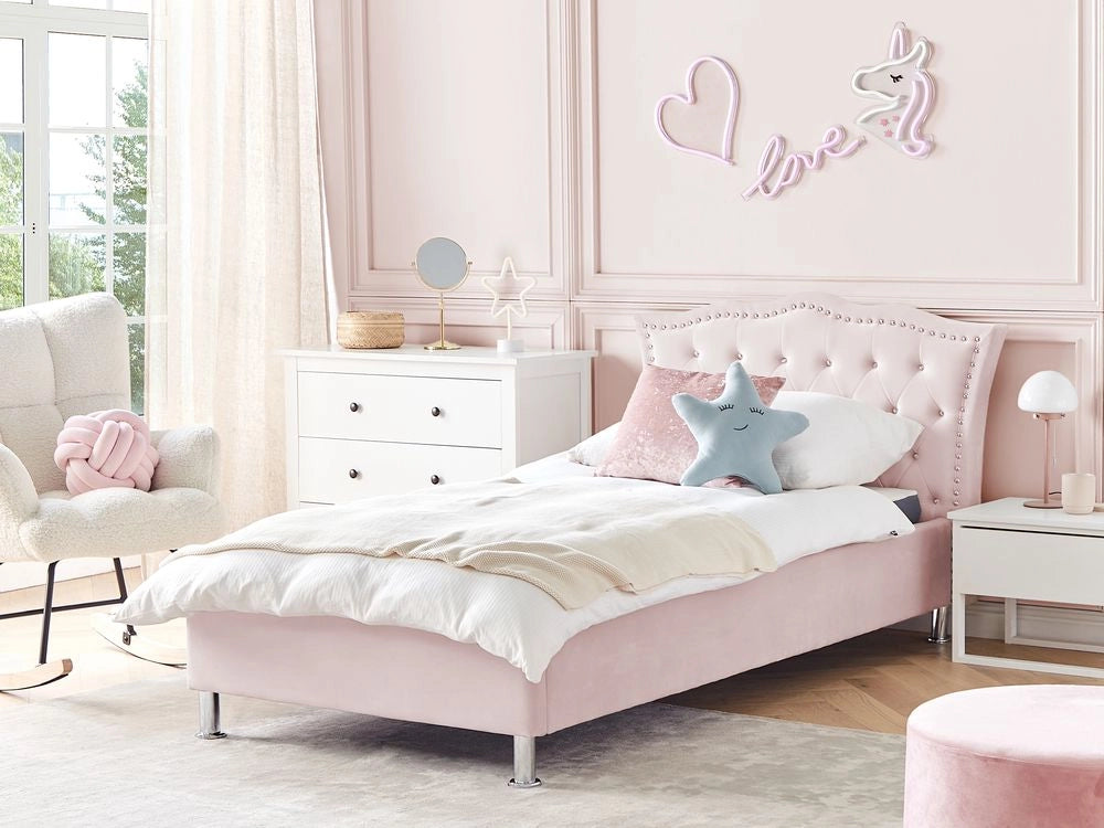 Letto singolo con contenitore in velluto rosa pastello 90 x 200 cm camera da letto cameretta elegante glamour