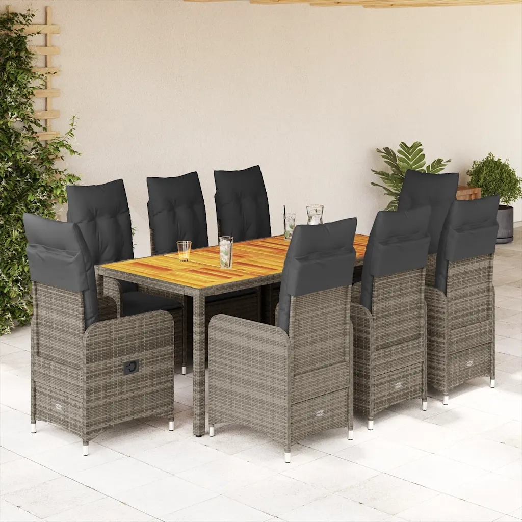 vidaXL Set Bistrò da Giardino 9 pz con Cuscini in Polyrattan Grigio