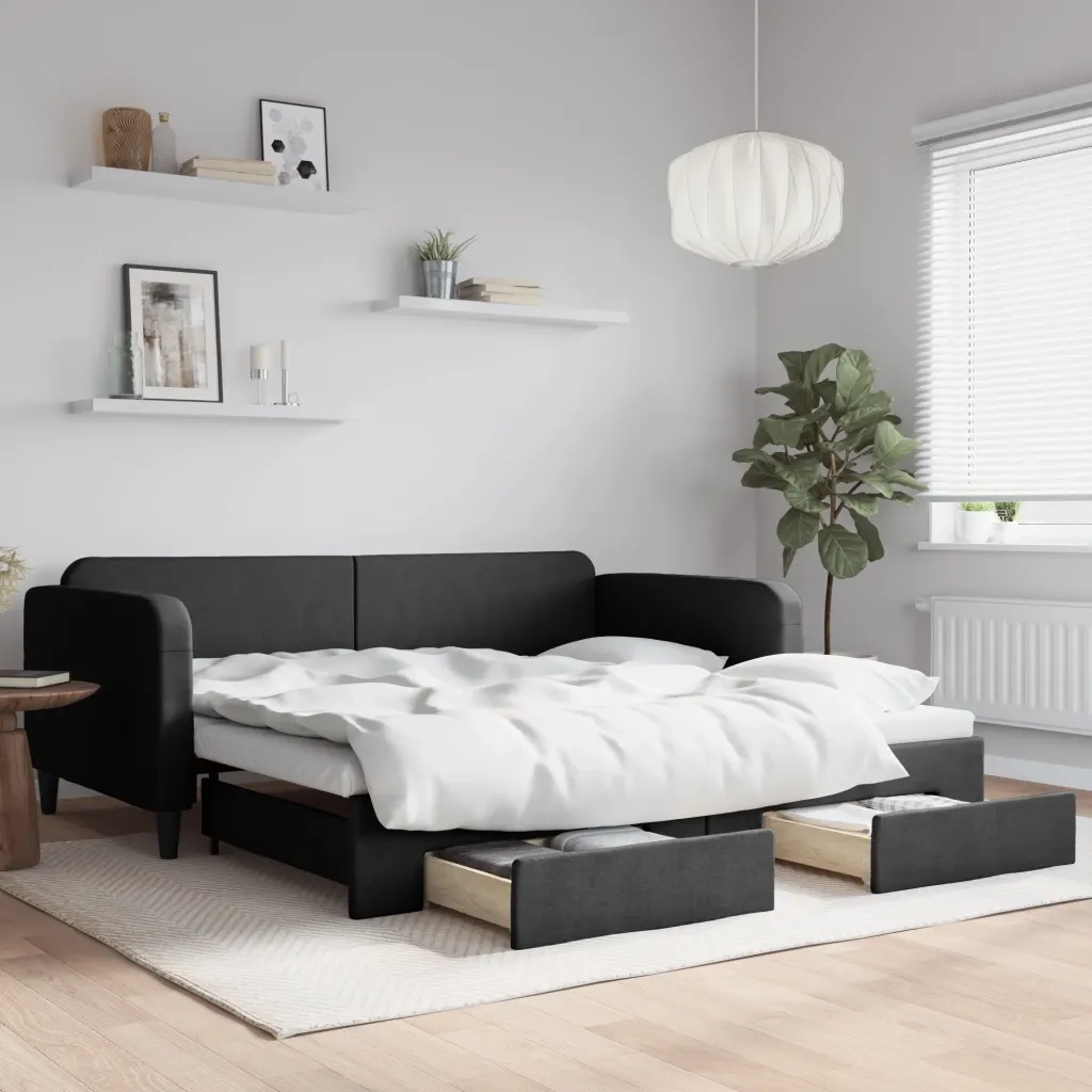 Divano letto | Sof¨¤ letto | Letto singolo Estraibile con Cassetti Nero 100x200 cm in Tessuto
