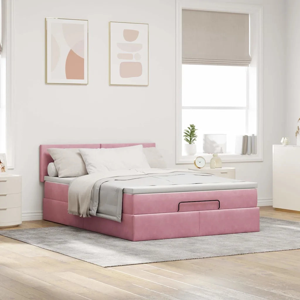 Struttura Letto Pouf con Materasso Rosa 140x190 cm in Velluto 3311704