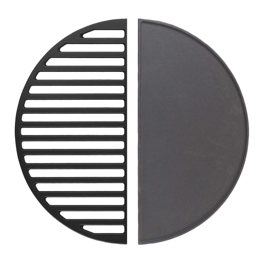 Set 1x Piastra in ghisa rigata + 1x Griglia in ghisa, forma a mezza luna, 49,8 x 24,3 cm, per barbecue, bistecchiera, ideale per grigliare carne, pesce, verdure