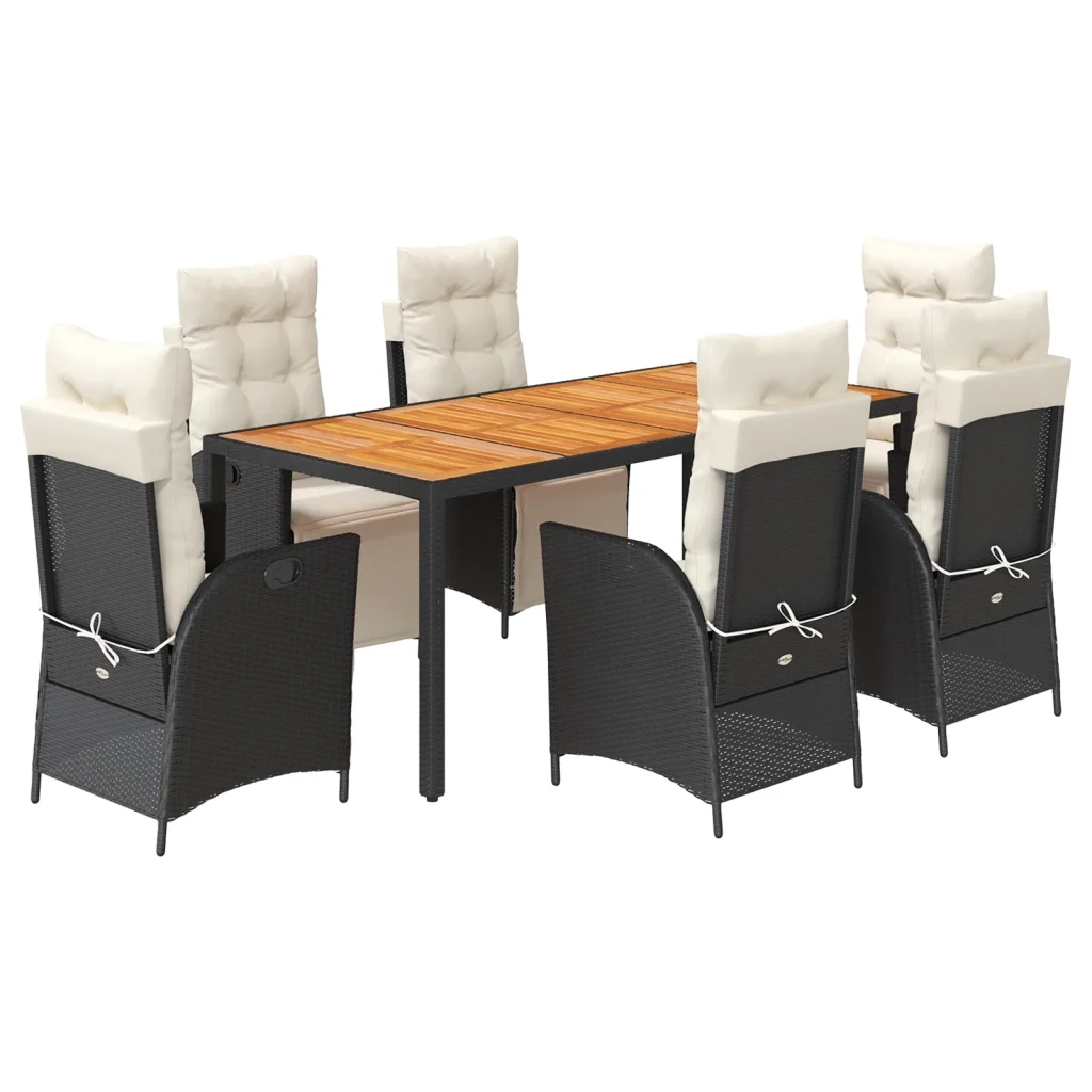 Set da Pranzo da Giardino 7 pz Nero con Cuscini in Polyrattan