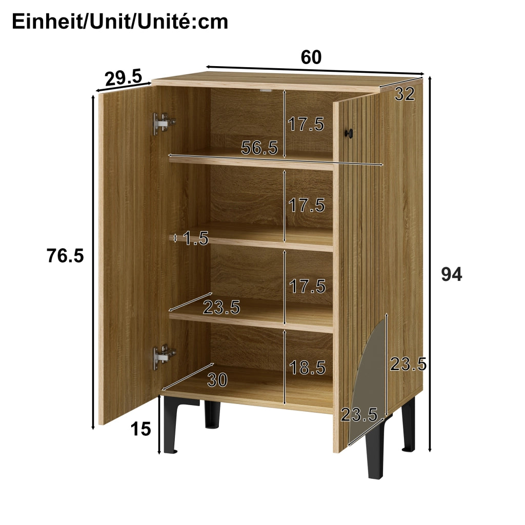 Scarpiera con 2 Ante e Ripiani; per Ingresso e Corridoio; in MDF e Truciolato; 60 × 32 × 94 cm; Naturale