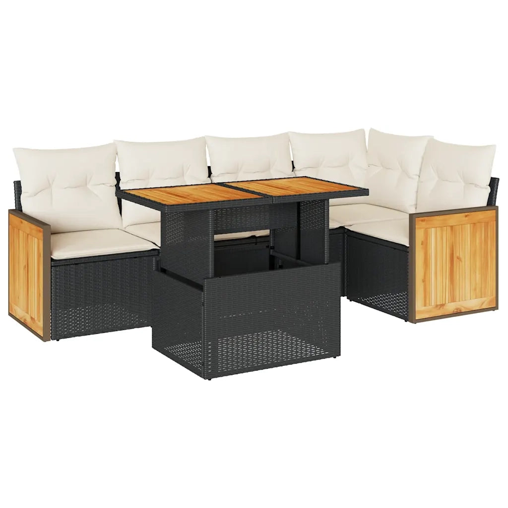 Set Divano da Giardino 6 pz con Cuscini Nero Polyrattan Acacia 3327710