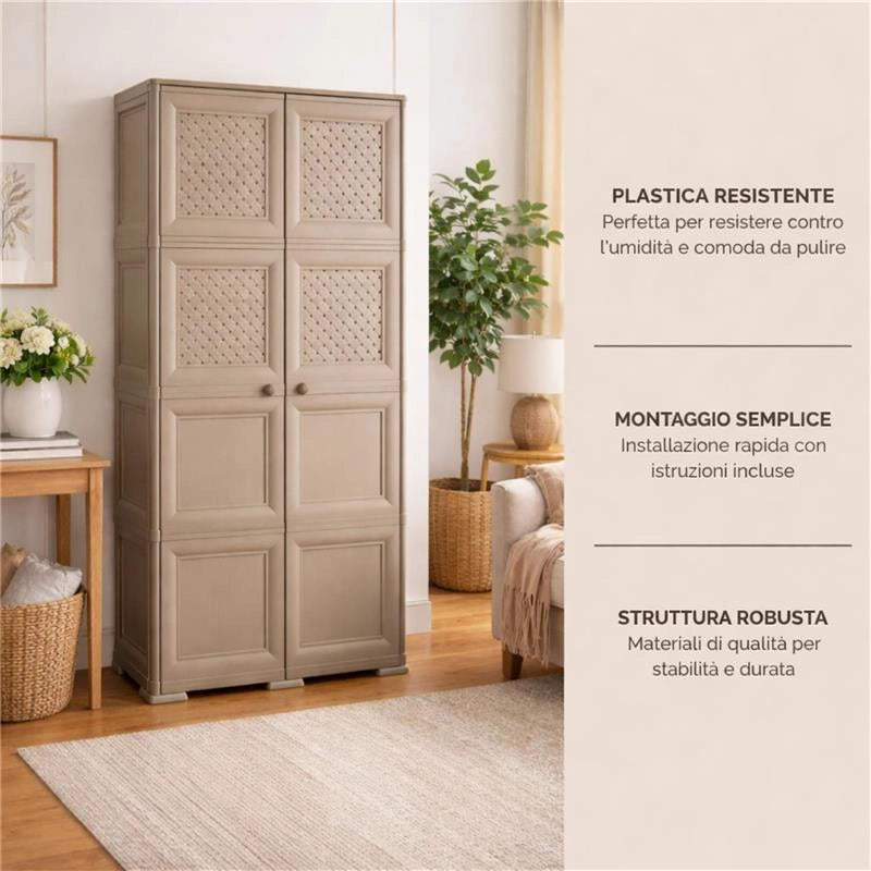 ARMADIO 4 MODULI TAUPE 79X43X164 CM CON 4 RIPIANI E ANTE TRAFORATE – CONTENITORE VERTICALE SALVASPAZIO PER ZONA LIVING