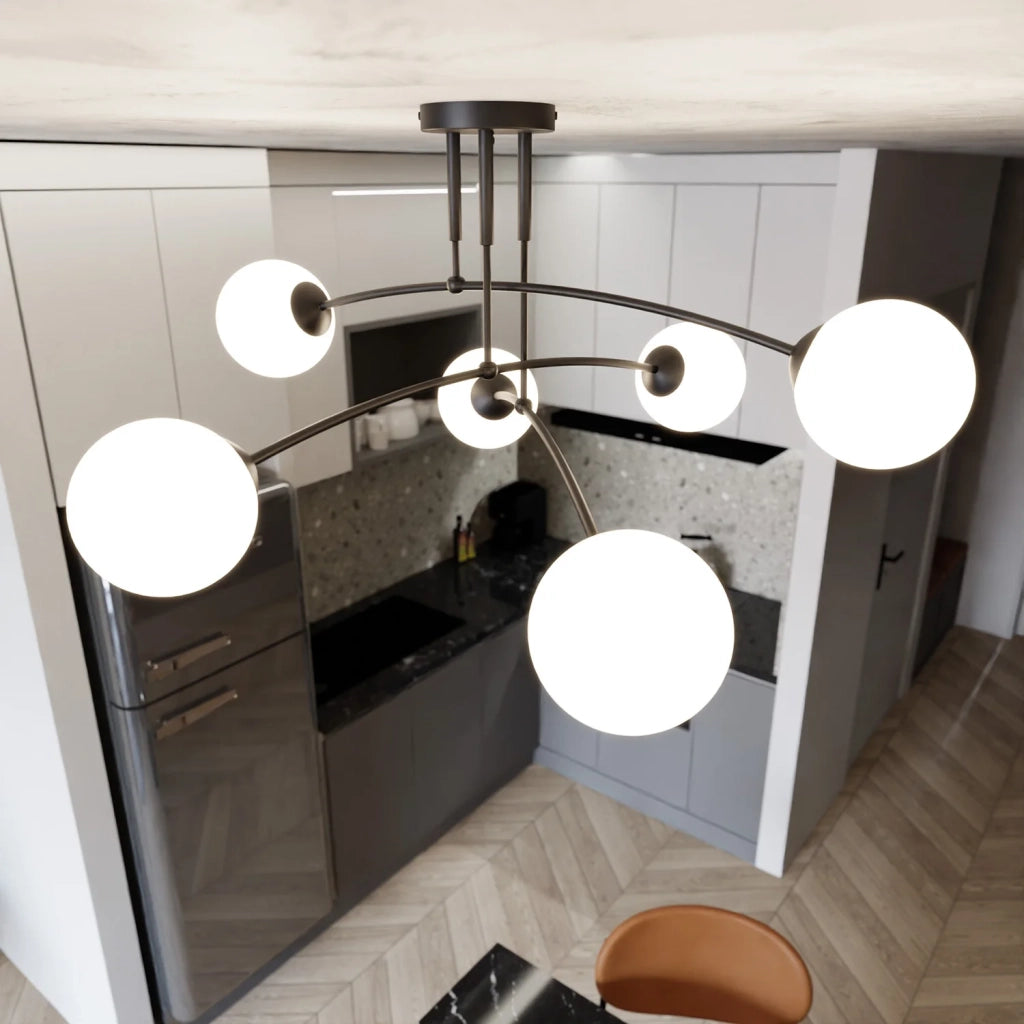 Plafoniera Moderna 6 Luci Susanoo In Acciaio Nero E Vetri A Sfera In Bianco