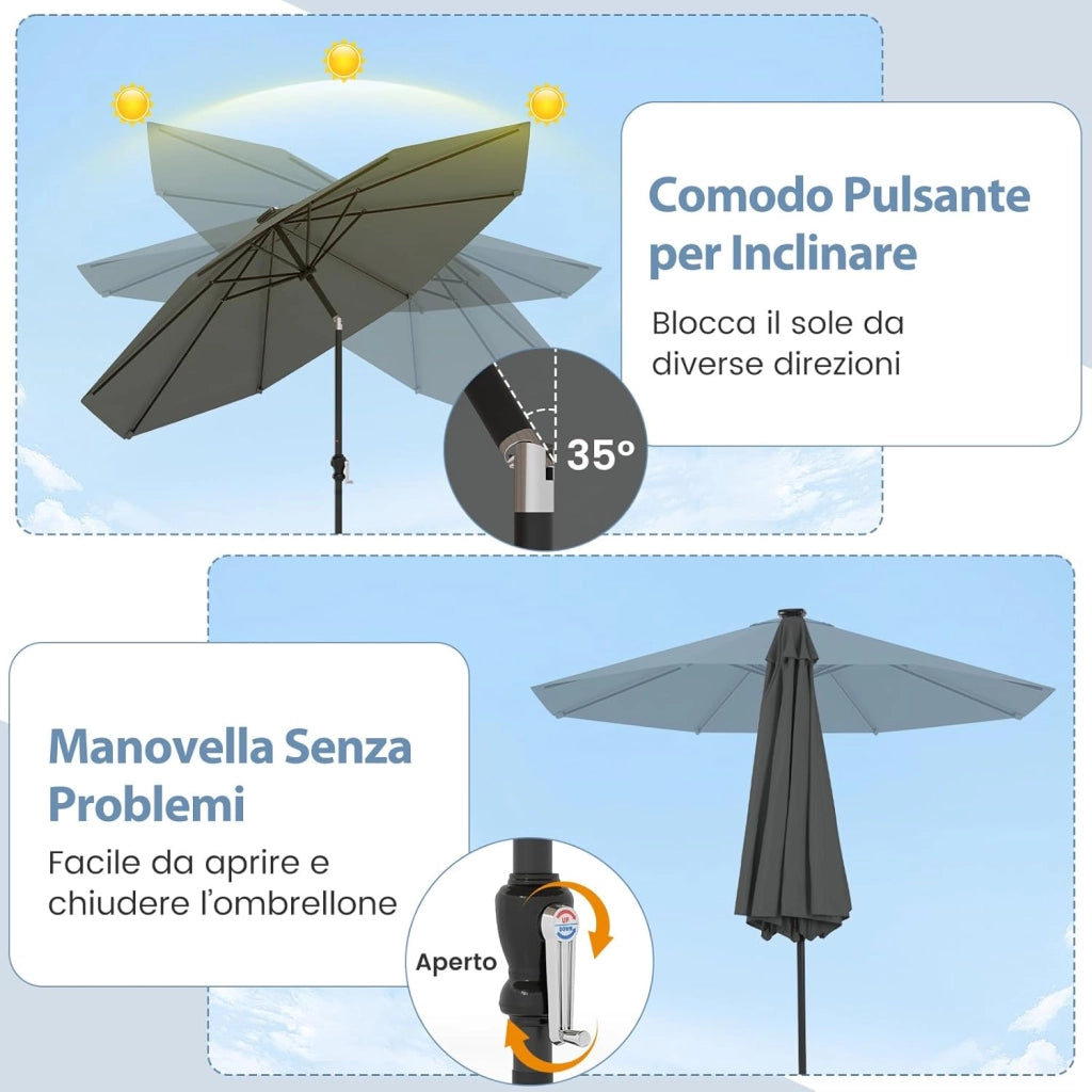 Ombrellone da Esterno 288 cm, con 96 Luci LED, Ombrellone Giardino con Inclinazione Regolabile, Manovella, 8 Stecche e Top Ventilato, Parasole da Mercato per Giardino Spiaggia (Grigio)