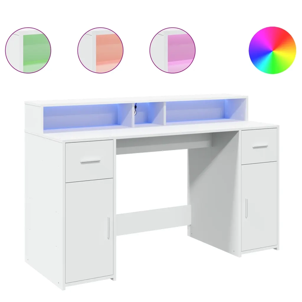 Scrivania con Luci LED Bianca 140x55x91 cm in Legno Multistrato