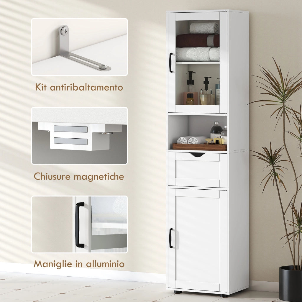 Colonna Bagno in Legno con 2 Armadietti, Cassetto e Ripiano Aperto, 40x30x165 cm, Bianco