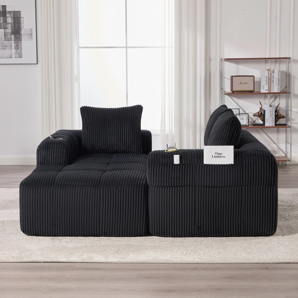Divano 253x158x61 cm modulare DIY con tasche laterali e portabicchieri in tessuto cord nero