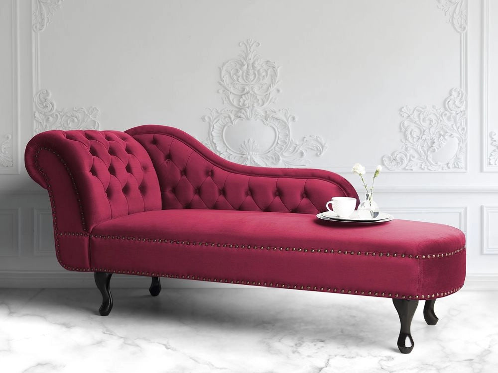 Chaise longue Bordeaux versione sinistra Velluto Abbottonato soggiorno Stile Chesterfield