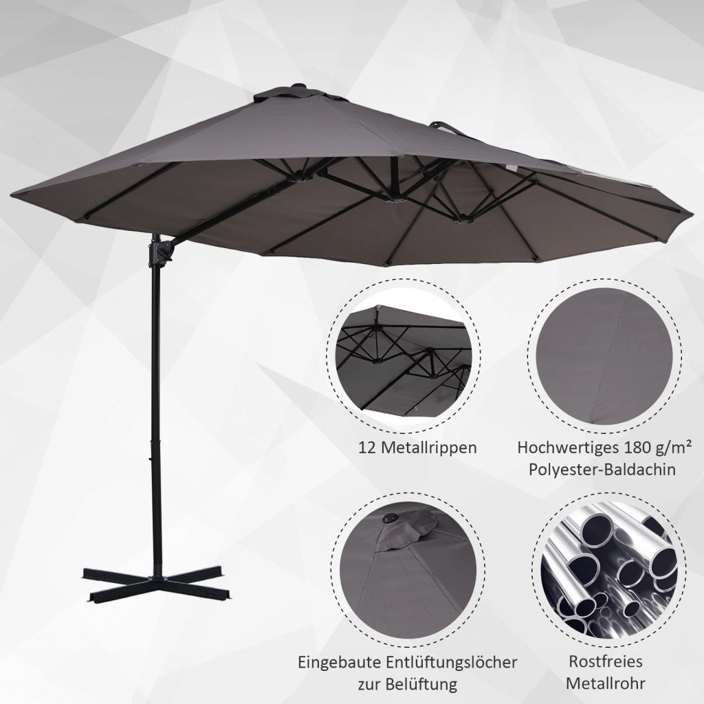 Ombrellone XXL con base a croce e manovella ¨C zephmum ¨C Grigio 270x445x260 cm