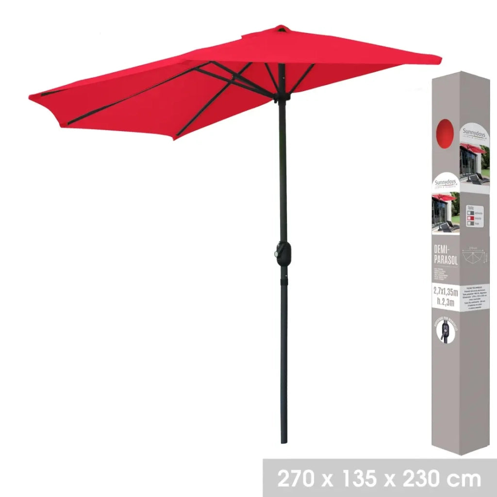 Demi-ombrello da parete rosso - 270x135x230cm - Alluminio - Tela in poliestere 180g/m² - Manovella
