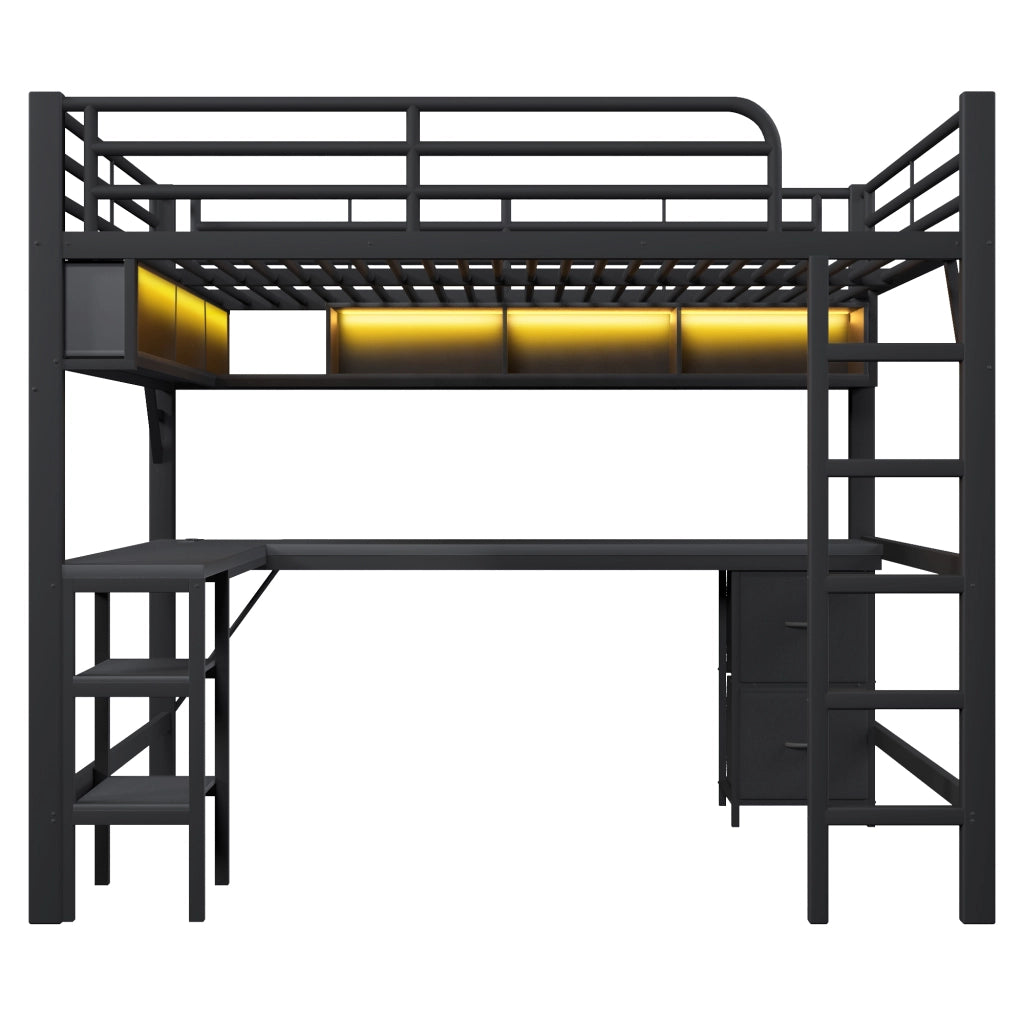 Letto a Soppalco 140x200 cm; Letto Singolo - Scrivania; LED e USB - Nero