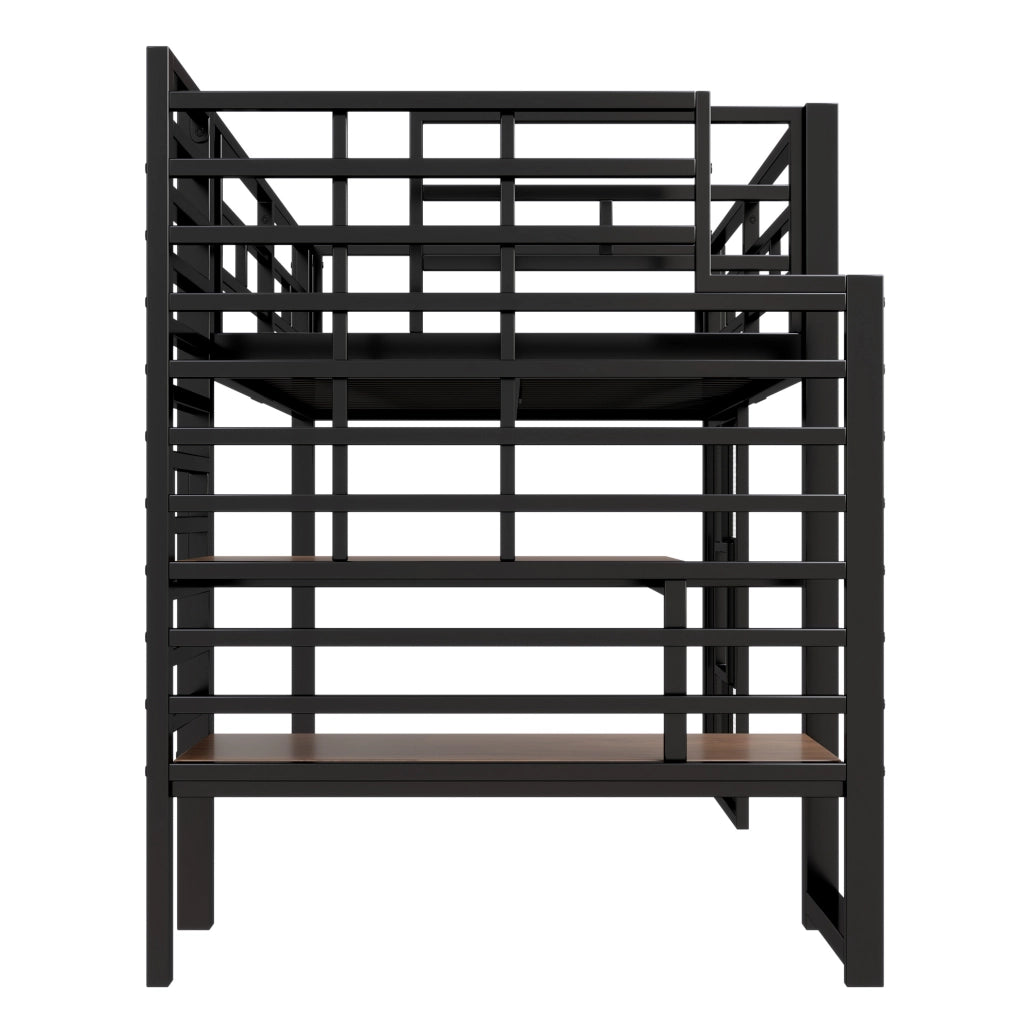 Letto a soppalco 90x200 cm con scala; contenitore; LED e finestre in metallo e MDF nero
