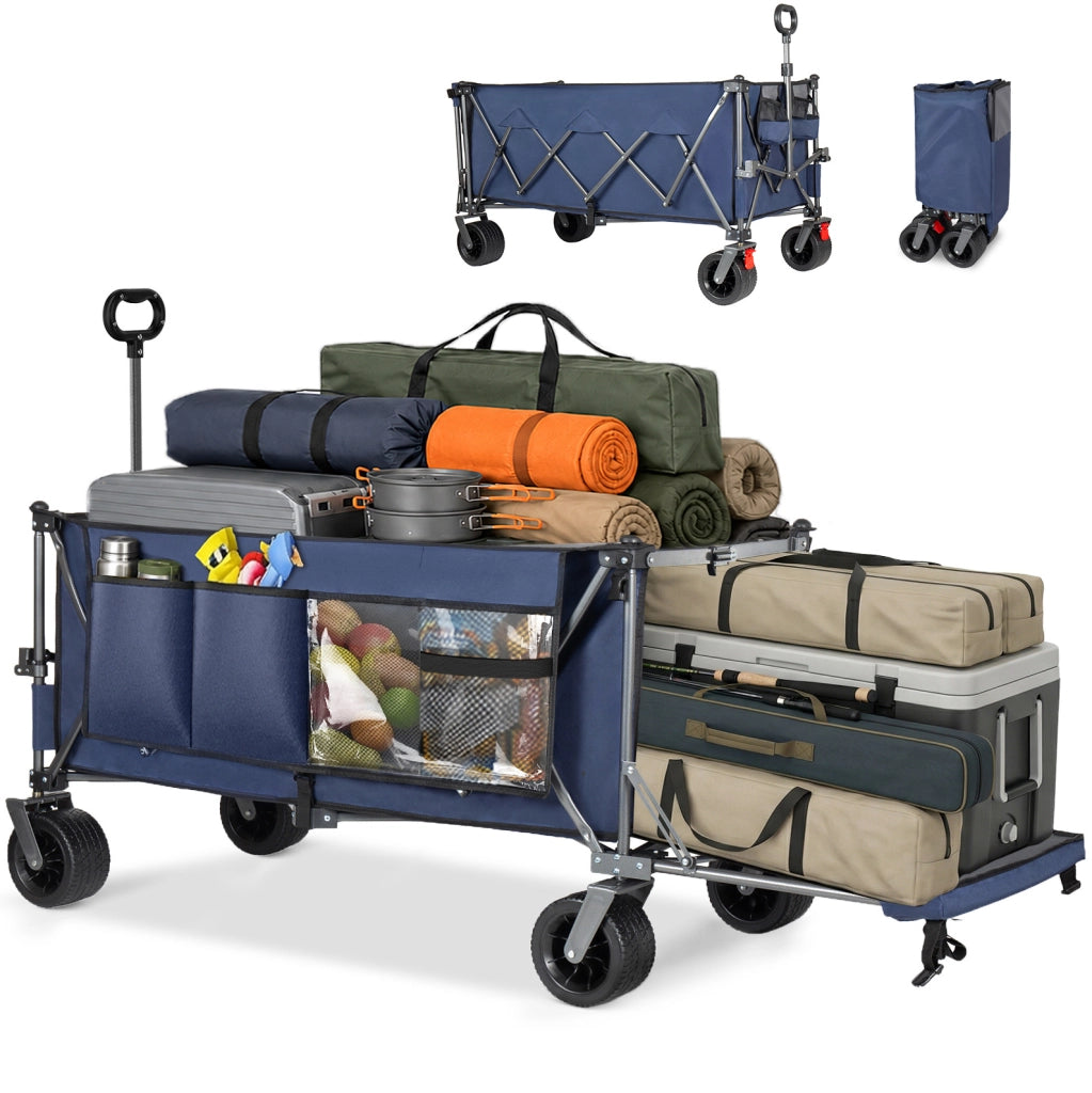 Carrello pieghevole da trasporto 180 cm con sponda posteriore estensibile; in acciaio blu