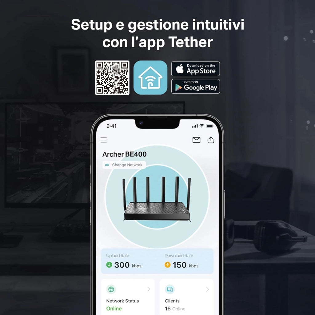 TP-Link Archer BE400 Router Wi-Fi 7 Dual-Band BE6500Mbps, 2.5G WAN, 2.5G LAN, 3 Porte 1G LAN, 4K-QAM, MLO, MU-MIMO, Beamforming, 6 Antenne Esterne, Home Shield, IoT, Compatible con EasyMesh