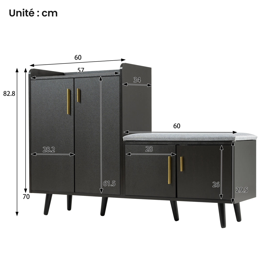 Scarpiera con 4 Ante e Seduta Imbottita; Maniglie in Metallo; Stile Moderno; in Pannelli Truciolari; Nero e Noce; 120×34×82 cm