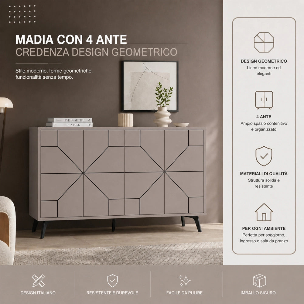 Madia con 4 Ante Credenza Design Geometrico Moderno in Legno 123x77 cm Tortora